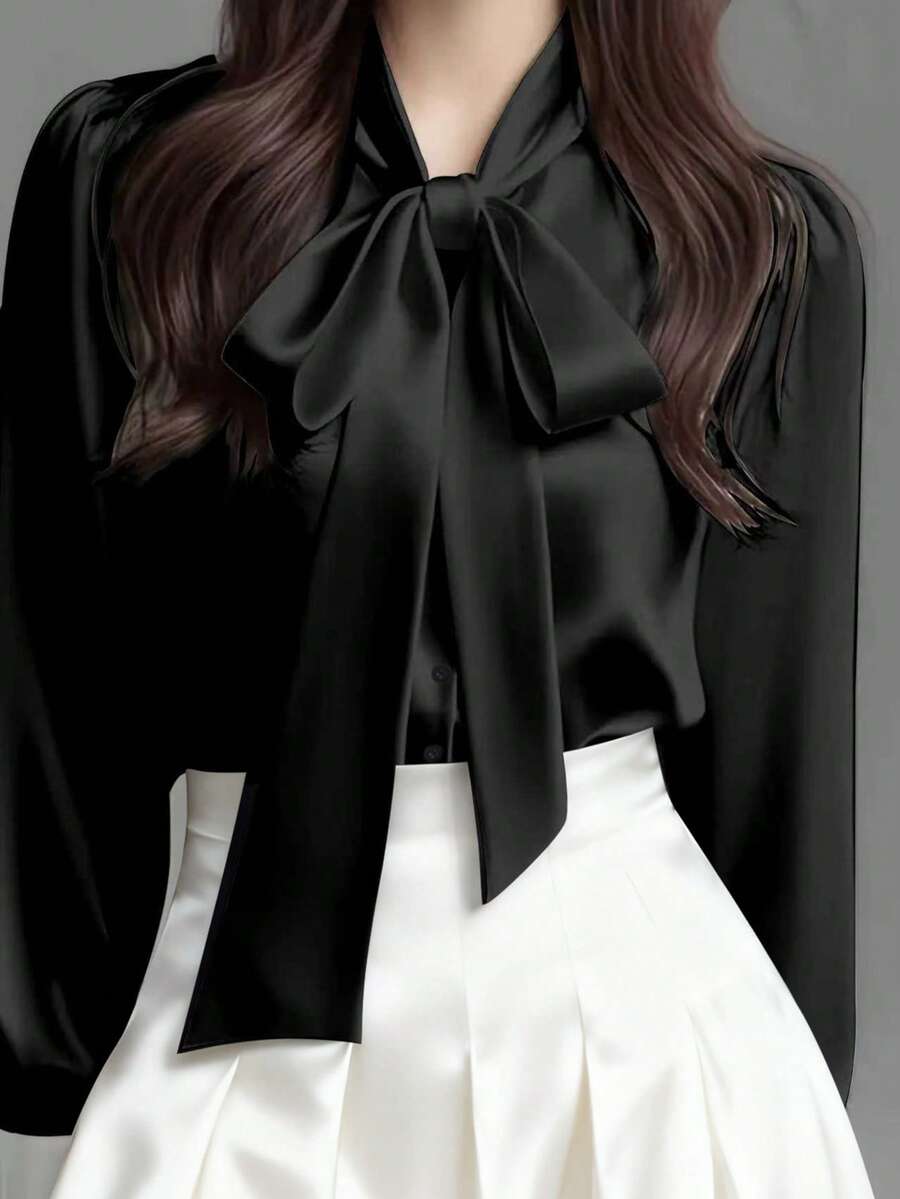女款優雅緞面白色長袖休閒襯衫,百搭通勤時尚上衣,領口蝴蝶結設計,純黑色 - 黑色 - 查看 1