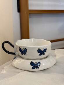 一套法式花卉陶瓷咖啡杯碟，手工彩绘花卉图案陶瓷杯碟，玫瑰蝴蝶单杯，适合冲泡花茶、红茶、下午茶，也可用作高雅的办公水杯、咖啡杯、早餐牛奶杯或礼品杯。 - 彩色 - 查看 5