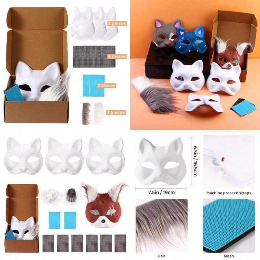 Cat Mask With Fur And Eye Mesh 13 PCS Fun Therian Masks Kit For FURRY ...