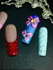10pcs Glossy Y2K French Western Ocean Nail Art, Pink Nails, Red Nails, Light Blue Nails, Shiny Nails, 3D Handmade Starfish & Shell Decor, 3D Hand-Painted Wavy 3D Colorful Carved Rectangle Acrylic Nails, Perfect For Bikini Beach Matching. - 彩色 - 查看 3