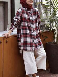 Modest Long Sleeve Regular Length Blouse For Women With Striped Woven Fabric Shirt Collar And Button Front Flare Sleeves - Multicolor - View 2