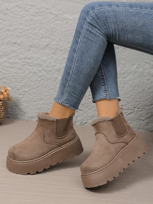 Modische und bequeme thermogefütterte dicke G-Stil Schneestiefel für Damen, Herbst/Winter neue dicksohliger Schlüpfstiefel mit kurzem Schaft