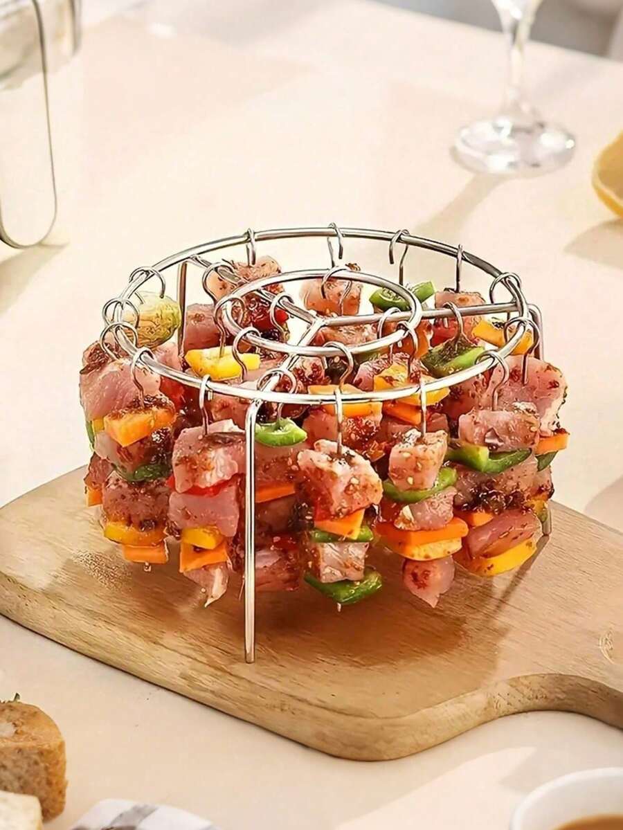 1 Stainless Steel Barbecue Grill, Includes Barbecue Forks, Air Fryer Grill Set, Stainless Steel Round Grill, Skewer Specific Rack, Air Fryer Accessories, Suitable For Cooking Delicious Meats, Vegetables, Fruits, Essential For Holiday Gatherings And Family Parties!