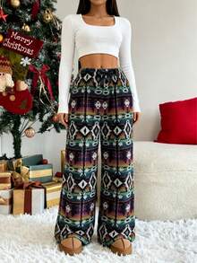 Women's Christmas Geometric Print Drawstring Waist Wide Leg Pants