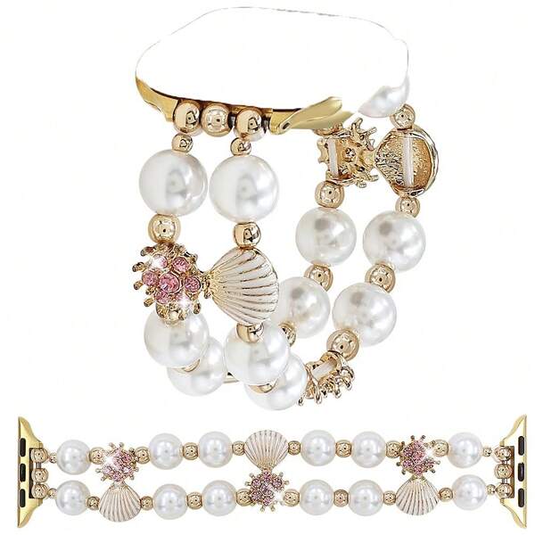 1 Stück dehnbares Perlenbandmit Muscheldesign kompatibel mit Apple Watch Bändern 38/40/41mm 42/44/45/46/49mm Frauen, elastisches Perlen-Muschelarmband für Apple Watch Series 10 9 8 7 6 5 4 3 SE Ultra 2