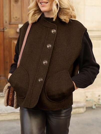 Jaqueta feminina elegante, marrom, com abotoamento simples, lapela, bolso, outono