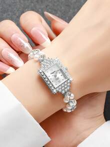 1 Stück Damen Armbanduhr mit Perlen- und Strass-Armband, Strass-Zifferblatt, elegante Quarz-Armbanduhr, ohne Uhrenbox - Silber - Übersicht 2