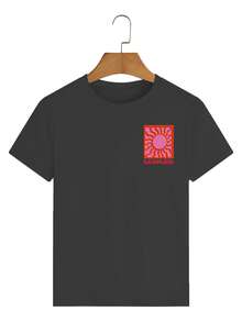 تي شيرت نسائي كاجوال بياقة دائرية وأكمام قصيرة، بطبعة شمسية لأجواء الصيف والشاطئ