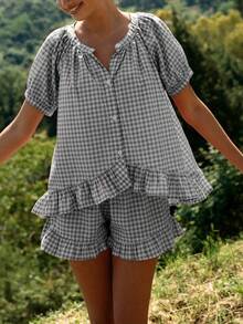 Conjunto casual de verano con blusa de manga corta con volantes a cuadros y shorts con cintura elástica con volantes para mujer - Negro - Ver 1