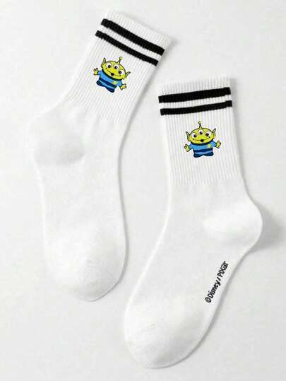 Disney 1 Pair Pattern Men's Crew Socks, Sporty Black & White Striped, Deodorant Sweat-Absorbent Casual Sports Socks, Suitable For Students, Adults, Gifting And Daily Wear, Socks