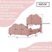 Kinderbett 90x200 cm mit Wolken-Kopfteil & hohem Geländer - Polsterbett aus hautfreundlichem Samt, Einzelbett in Rosa - Rosa + Gepolstert - Übersicht 8