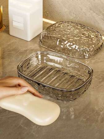 1pc Transparent Glacier Soap Dish, Large Size Luxury Transparent Soap Holder With Cover For Bathroom, Vanity, Shower, Dual Layer Drainage Soap Box
