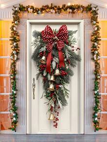 Guirlanda de Natal com laço, sinos dourados e fita vermelha, feita de poliéster, medindo 70,8 x 35,4 polegadas. Uma decoração festiva ideal para a porta de entrada e também para as celebrações de Natal e Ano Novo.