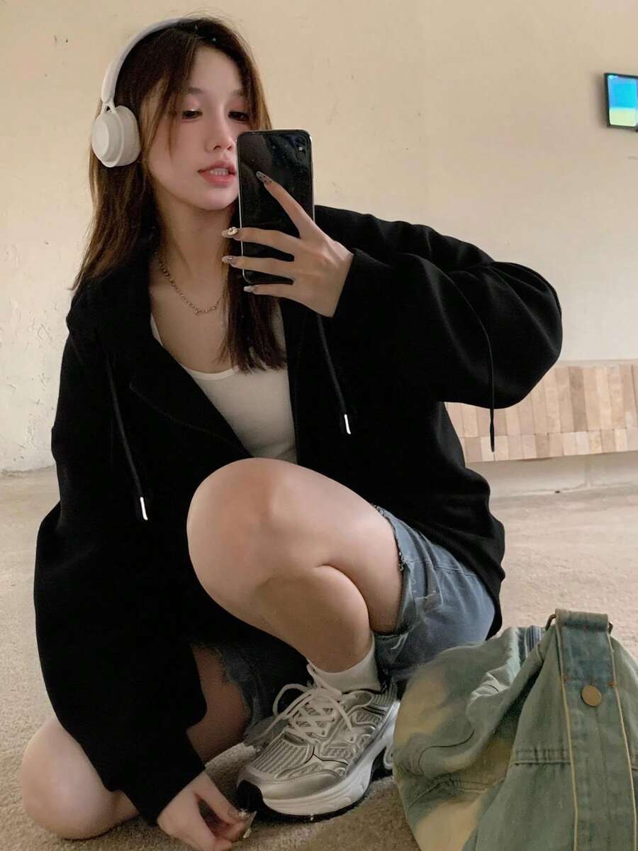 DAZY 拉链落肩抽绳保暖内衬卫衣，长袖上衣，秋季女装卫衣外套 - 黑色 - 查看 1