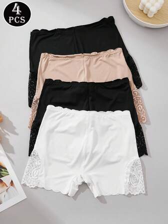 4 PIEZAS - Pantalones cortos de con encaje de seda de hielo sexy para mujeres con decoración de lazo puro y encantador. La ropa interior evita la exposición y no oprime las piernas; entrepierna cómoda, tela de seda de hielo de alta calidad y amigable con la piel, cintura media, alta relación calidad-precio, bragas versátiles para uso diario de mujeres.