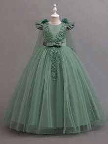 Girls Tulle Flower Girl Dress With 3D Floral Cape And Lace Applique Bow Sash Party Princess Dress For Wedding Birthday Pageant - Màu xanh Bạc hà - Xem 6