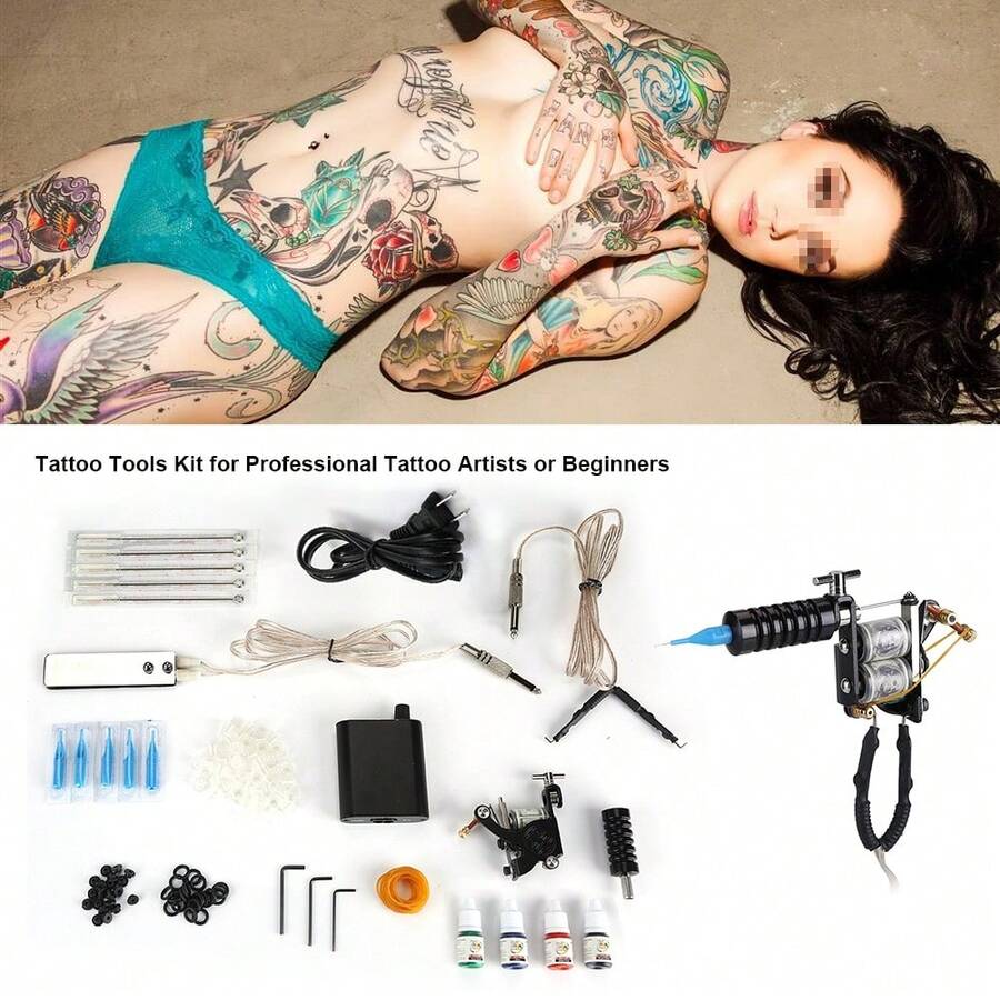 Kit de herramientas para tatuajes máquina liner shader tinta power needle accesorio profesional artista tatuador, equipo completo iniciación tatuaje, calidad superior mantenimiento fácil, compatible con tintas universales modernas - Tipo de Enchufe A USA (110-127V) - Ver 1