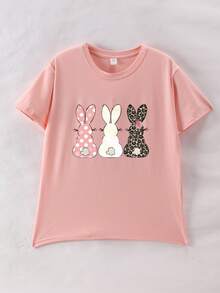 Cartoon Rabbit Print Round Neck T-Shirt, Casual Soft Top For Spring/Summer - Pink - View 2