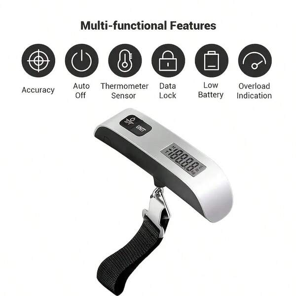 1pc 110lbs/50kg High Precision Sensor Portable Digital Electronic Luggage Scale, Home Travel Hanging Luggage Scale With Backlit LCD Display, Portable Suitcase Weighing Scale, Travel Luggage Weight Scale With Hook, Sturdy Shoulder Strap For Travelers, Travel Essentials, Small Suitcase Scale For Travel Accessories(With Battery)