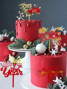 6 قطع من أعلى الكعكة لعام 2026 الجديد، ديكورات كعكة أكريليك للاحتفال برأس السنة الجديدة، أعواد حلوى لامعة باللونين الأحمر والذهبي، لتزيين الكعك في عيد الميلاد والأعياد