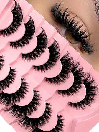 7 对猫眼 3D 仿貂睫毛，柔软蓬松手工卷曲貂睫毛，自然假睫毛，浓密卷曲舒适，多用途，多层次，戏剧性，可重复使用貂睫毛