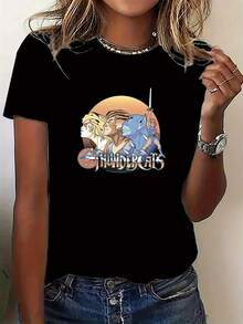 Women' Short-Sleeve T-Shirt With Cute & Chinese Calligraphy Print - Round Neck Casual & Sporty Blouse - Machine Washable - Fit Top For Casual Attire & Exercise - In Stock (Non-) - Black - View 1