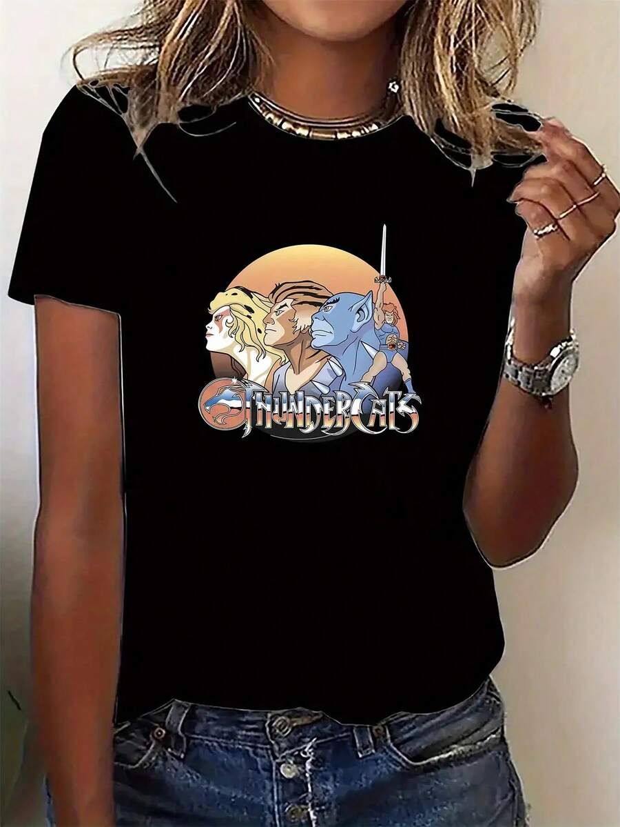 Women' Short-Sleeve T-Shirt With Cute & Chinese Calligraphy Print - Round Neck Casual & Sporty Blouse - Machine Washable - Fit Top For Casual Attire & Exercise - In Stock (Non-) - Black - View 1