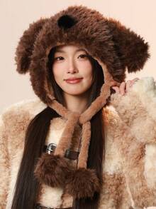 1pc Women's Hat, Dog Ear Button Decor Pom Pom Earflap Beanie, Funny & Stylish, Versatile, Cute, Warm & Comfortable For Outdoor, Casual, Commuting, Autumn/Winter