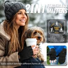 2-In-1 Convertible Fingerless Mittens For Men & Women - Warm, Touchscreen Compatible With 8 Fingers, Elastic Cuffs, High Elasticity & Anti-Skid Leather - Ideal For Winter Outdoor Activities, Daily Use - màu đen - Xem 3