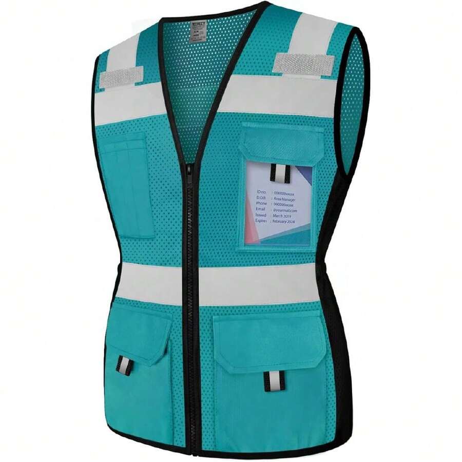Vest For Women 11 Pockets Mesh Reflective Vest With Zipper, High Visibility Neon Construction Work Vest For Lady Surveyors/Warehouse, Snug-Fit, Durable, Meets ANSI, Malachite Blue XS,24200728 - Blue - View 1