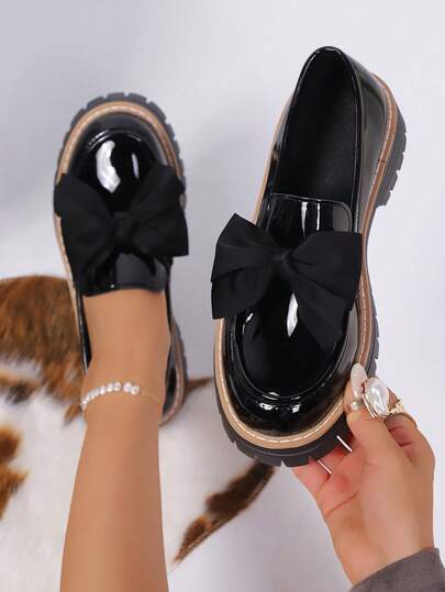 Women's Thick Sole Mid-Heel Round Toe Loafers, Commuting Versatile Solid Color Retro Black Flats, Bow Decor Leather Slip-On Casual Shoes