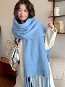 1 pieza Bufanda de invierno para mujer, chal de cachemira sólido azul claro, bufanda gruesa y suave de color azul claro, chal con flecos largos, bufanda de invierno de moda, bufanda para adultos, bufanda azul cielo, capa de cachemira con estilo, cachemira de lujo, bufanda sólida de mujer de color azul claro brillante, chal y envoltorio de invierno, bufanda cuadrada de mujer, bufanda sólida gruesa con flecos, cuello de invierno cálido, chal grueso tejido de lana con flecos, se puede usar