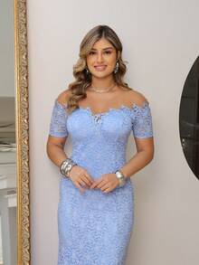 Long Off-The-Shoulder Party Dress In Shiny Lace - Baby Blue - View 7