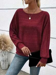 Suéter holgado de cuello redondo y manga de murciélago de unicolor para mujer de talla grande - Rojo - Ver 3