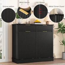 Double Tilt Out Trash Cabinet,Fluted Laundry Hamper Cabinet With 2 Drawers And Charging Station 20 Gallon Wooden Hidden Garbage Can Cabinet For Kitchen & Living Room Arc Design - Black - View 3