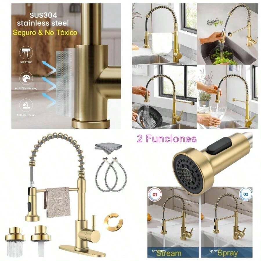 Actualizado Grifo de Cocina de Acero Inoxidable - 1 Elegant Dorado Mezcladora para Fregadero+1 Tapete Grifo+1 Pao Limpieza, Llaves para Fregadero de Cocina de Agua Caliente y Fra - inicial - Ver 1