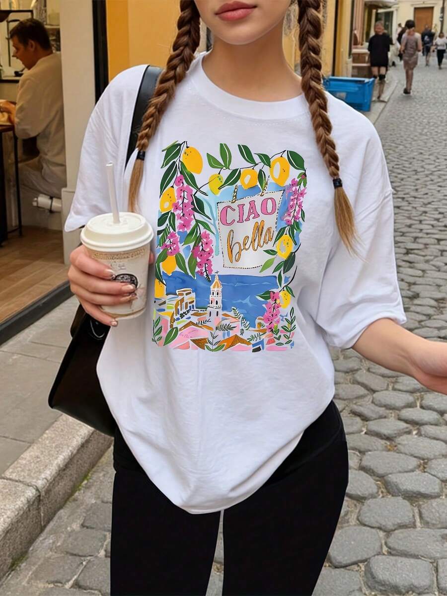 Camiseta Casual de Manga Corta para Mujeres - Estampado Floral y de Letras de Inspiración Italiana, Ajuste Relajado de Hombro Caído, Cuello Redondo Semi-Transparente, Lavable a Máquina, Atuendo Casual de Primavera Verano - Blanco - Ver 1