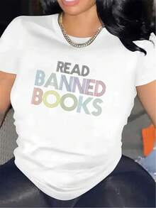 Camiseta de poliéster en blanco y negro con diseño de leer libros prohibidos, ideal para biblioteca o sala de estudio, tela duradera y cómoda, perfecta para uso diario, prenda ligera y transpirable para hombres y mujeres, ropa elegante y a la moda. - Negro - Ver 6