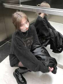 Áo sweatshirt nữ sinh viên kiểu dáng đơn giản, cổ điển, retro Mỹ, màu đen, in chữ tương phản phong cách Y2K, dáng rộng, thoải mái, tay dài, thích hợp mặc hàng ngày khi trở lại trường học, mùa xuân. - màu đen - Xem 2