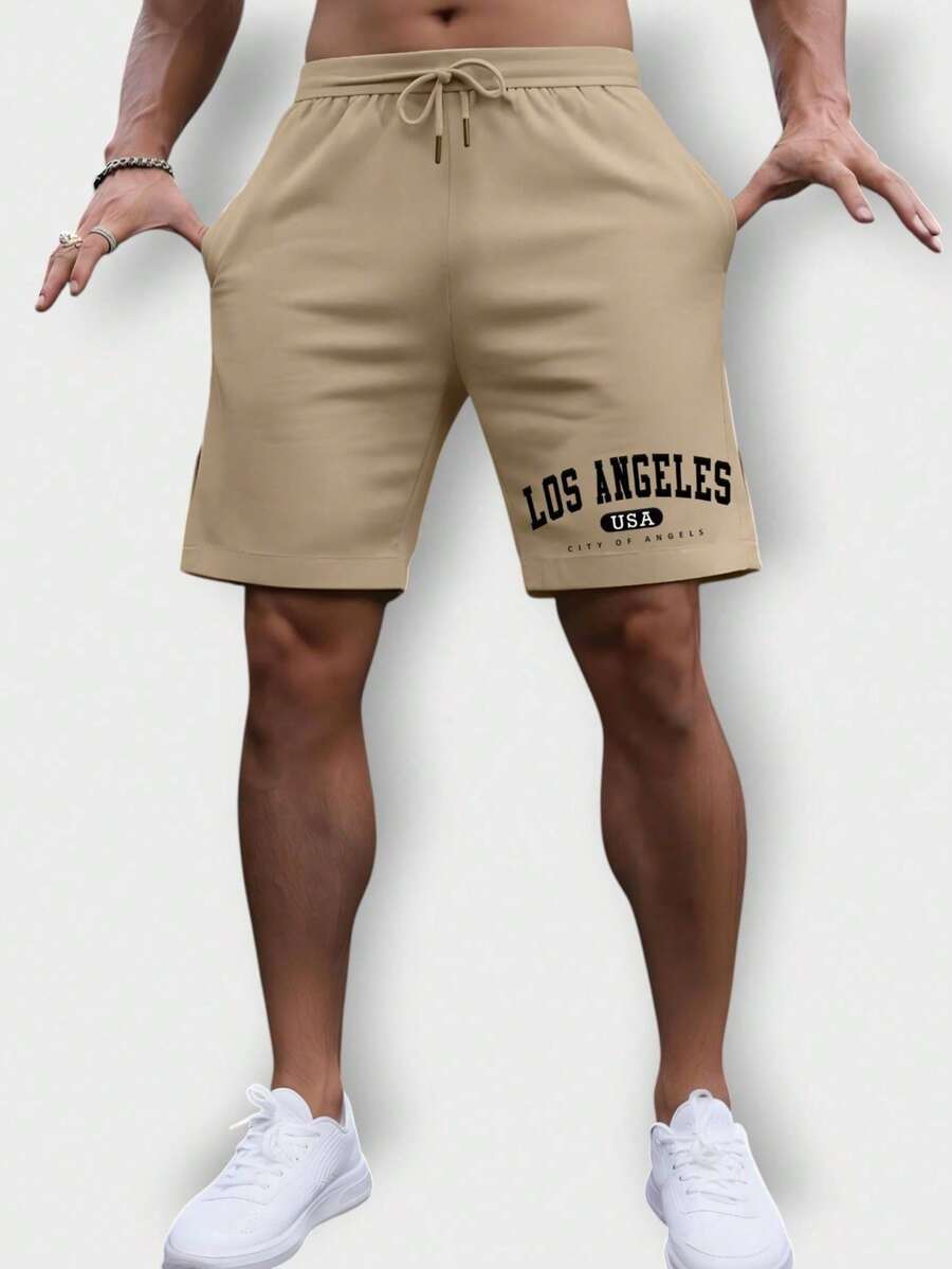 Men's Bermuda Shorts Gym Workout Short Sweatshirt With Pocket Summer Sports Los Angeles USA Walking S M L XL G1 G2 G3 Fast Delivery - Màu be - Xem 1