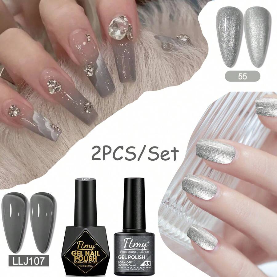 FTMY Fashionable, Casual Convenient Peel-Off 7ml 2PCS Transparent Color, Colorful Glitter Gel Nail Polish.A Perfect Small Gift For Girls, Wives And Girlfriends On Halloween, Christmas And Valentine's Day. Suitable For Parties, Gatherings And Outdoor Trips, It Is A Must-Have For Taking Photos. Multiple Colors Are Available For You To Choose From. - 銀色 - 查看 1