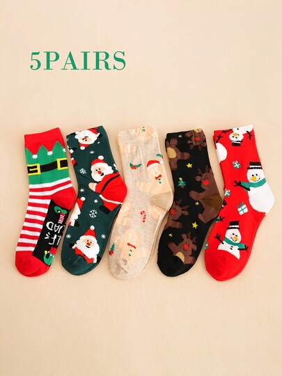 5 Pairs Christmas Mid-Calf Socks With Santa Claus, Snowman, Elf, Gingerbread Man Patterns, Soft & Comfortable Unisex Socks, Great Christmas Gift For Family And Friends