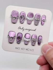 10 件紫色和绿色按压式纯手工法式猫眼秋季指甲 - 短棺材可重复使用假指甲，充满爱意，圣诞节指甲，万圣节指甲，易于涂抹的女性美甲，是派对婚礼日常的完美礼物 - 紫色 - 查看 13