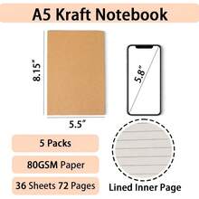 5 Packs Lined Kraft Notebooks Lined, Notebooks, Kraft Soft Cover Composition Notebook Bulk, Classroom Notepad, Bulk Journals Women, Ruled Subject Notebooks, Travel Diary, Journals Memo, Thickened Paper 30 Sheets 60 Pages Students, Office, School Supplies - 10 多色 - 查看 11