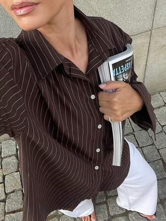 Nueva camisa elegante y con estilo de manga larga a rayas con botones delanteros, adecuada para la oficina, vacaciones, uso diario, viajes