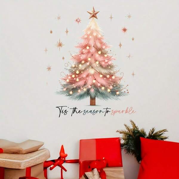 ملصق نافذة شجرة عيد الميلاد المزينة بأضواء الفراشة الوردية قطعة واحدة، ملصق زجاجي لاصق قابل للإزالة مبتكر للديكور في غرفة المعيشة والنوم والمطبخ والحمام والأبواب والنوافذ