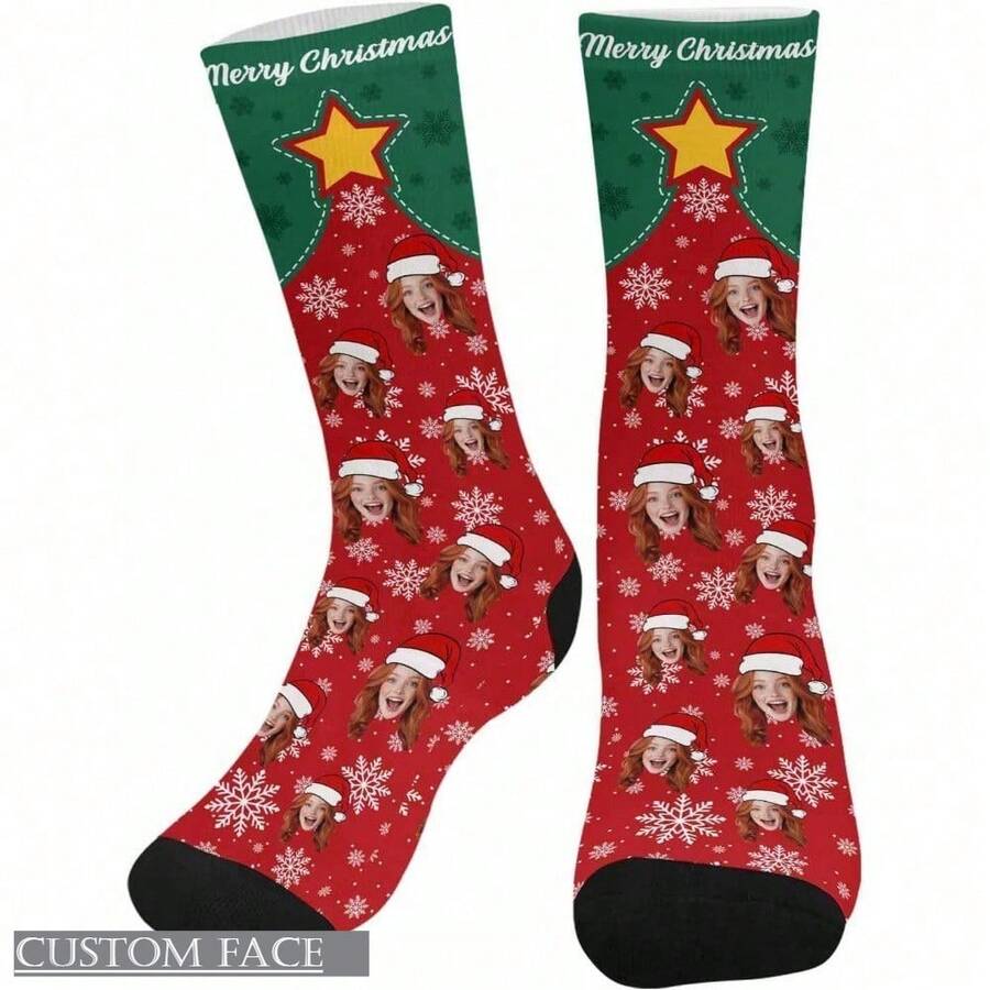 1PC Customized Face Creative Socks - Custom Photo Artistic Socks, Personalized Quirky Socks, Custom - Patterned Uncommon Socks, Photo - Look Amusing Socks, A Delightful Gift For Valentine's Day, Birthdays, Christmas, And Unforgettable Anniversaries - Black - View 1