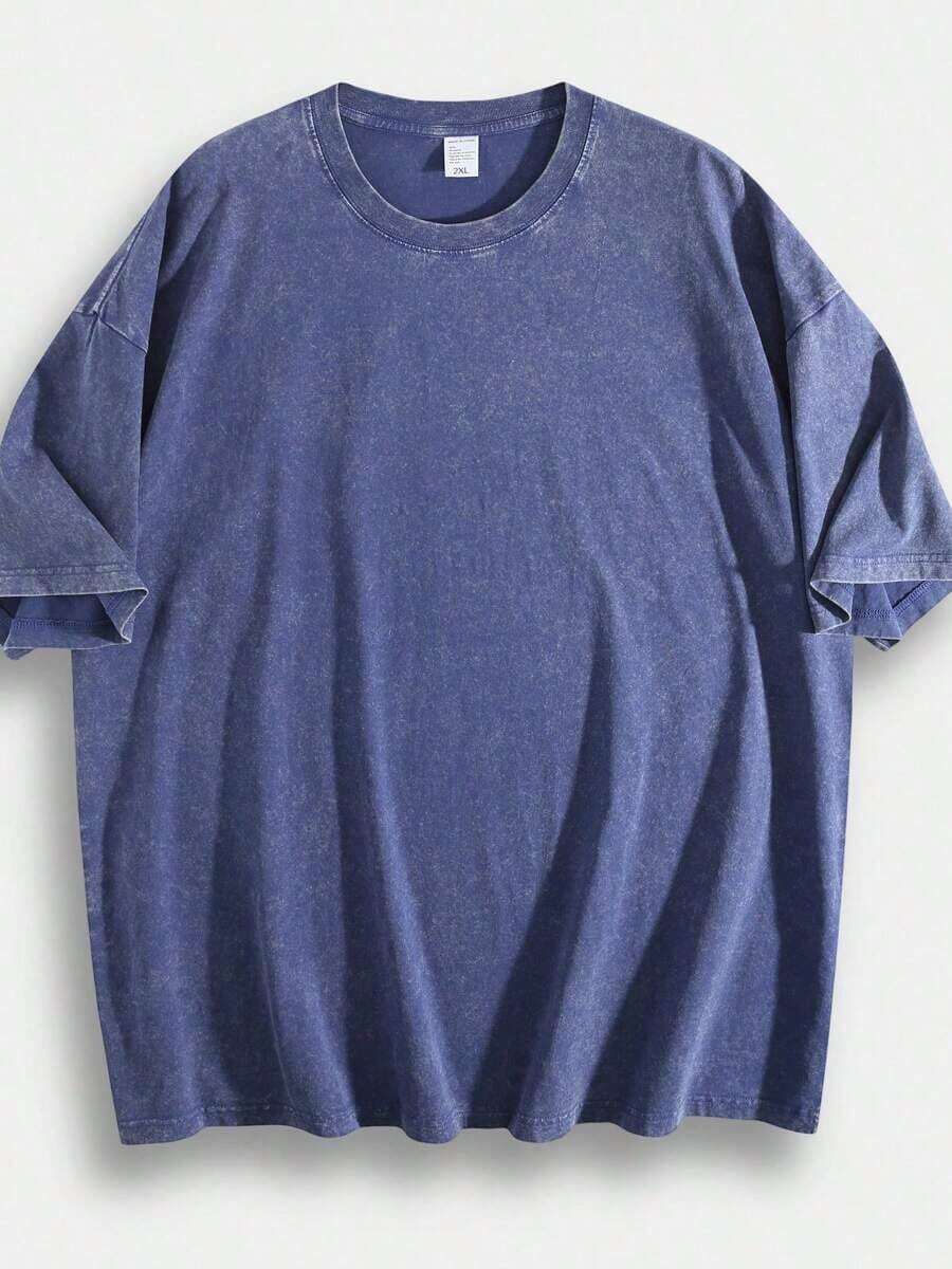 Retro Washed T-Shirt Prank Printed (230 Pure Cotton T-Shirt) 230g Thick Unisex Washed Vintage Oversized T-Shirt Street Hip Hop Punk Harajuku Casual Cotton Shorts DG004 Basic - 藍色 - 查看 1