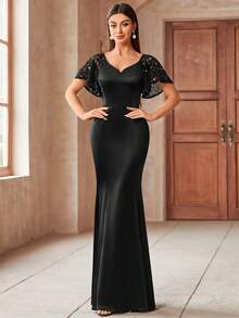 MIUSOL Vestido de fiesta elegante de satén con cuello de corazón, mangas con volantes, bajo de cola de sirena y lentejuelas, para boda, color negro, primavera - Negro - Ver 4