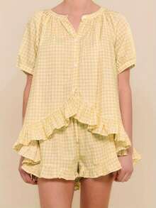 Women's Gingham Short Sleeve Ruffled Top And Elastic Waist Ruffled Shorts Summer Casual Set - Bright Yellow - View 4